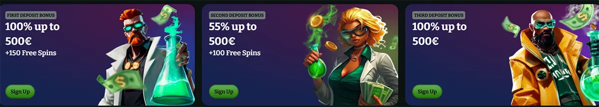 Casino bonus cards showing first, second, and third deposit offers, with promotions up to 100% to €500, free spins, sign-up buttons, and illustrated characters holding money and glowing potion bottles.