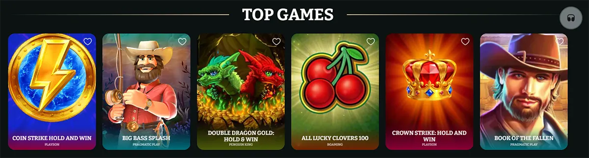 Top games section featuring Coin Strike Hold and Win, Big Bass Splash, Double Dragon Gold: Hold & Win, All Lucky Clovers 100, Crown Strike: Hold and Win, and Book of the Fallen on a dark casino interface.