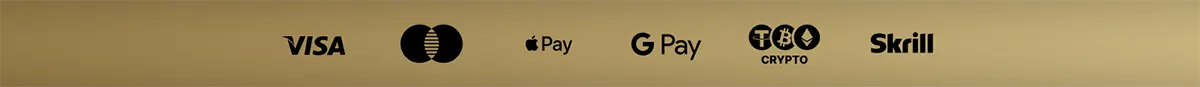 Payment methods banner with Visa, Mastercard, Apple Pay, Google Pay, crypto, and Skrill logos on a gold background.