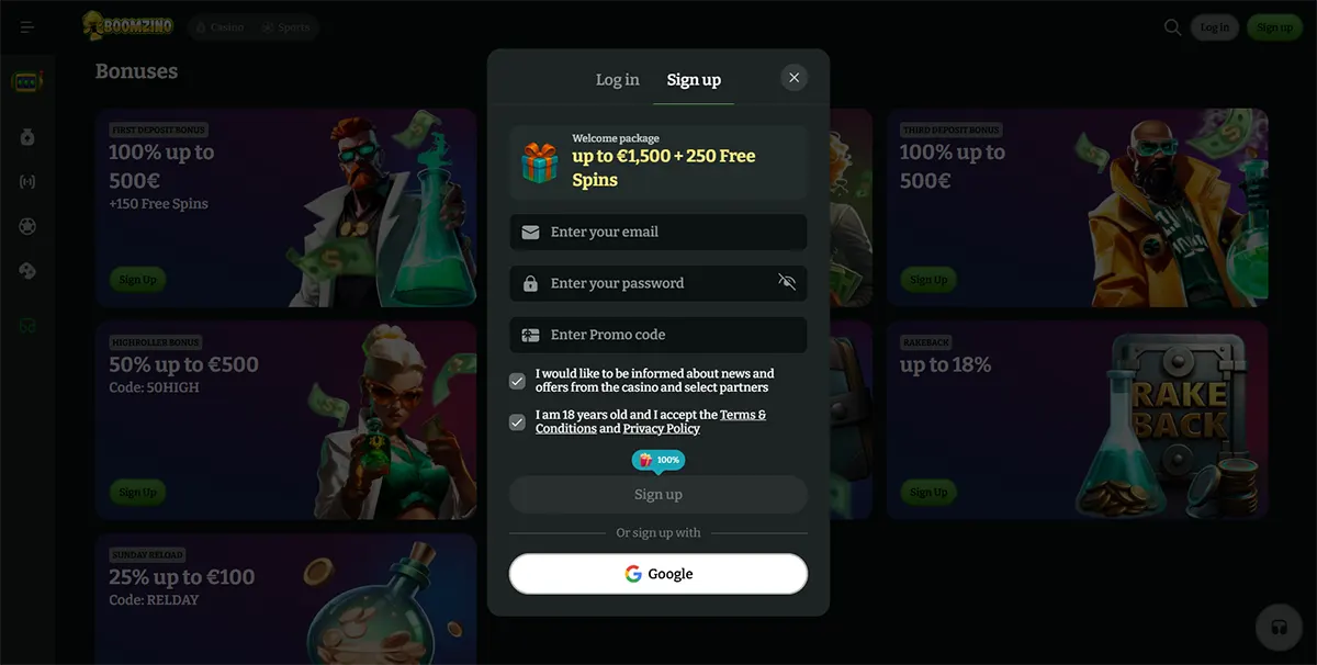 Boomzino sign-up popup over the bonuses page, showing a welcome package up to €1,500 plus 250 free spins, email and password fields, promo code entry, consent checkboxes, and Google sign-up option.